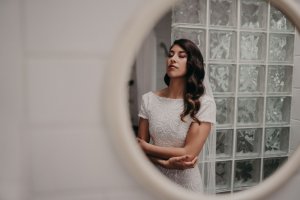 One of a kind! White sequinned swirly Show Stopper Wedding Dress by Harriett Falvey